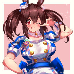  1girl ;p absurdres animal_ears award_ribbon border bowchan breasts brown_hair buttons choker closed_mouth commentary_request double-breasted hat highres hishi_akebono_(umamusume) horse_ears horse_girl jacket long_hair looking_at_viewer medium_breasts mini_hat one_eye_closed outside_border pointing pointing_at_self red_eyes simple_background solo tongue tongue_out twintails umamusume upper_body white_border 