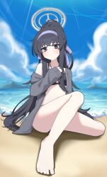  1girl absurdres bags_under_eyes bare_legs bare_shoulders barefoot bikini bikini_under_clothes black_bikini black_hair blue_archive blue_sky blush closed_mouth cloud collarbone commentary_request day grey_eyes grey_jacket halo highres jacket korean_commentary long_hair long_sleeves off_shoulder on_ground open_clothes open_jacket outdoors puffy_long_sleeves puffy_sleeves sand sitting sky sleeves_past_wrists small_sweatdrop solo sprout_(haji_s) sweat swimsuit ui_(blue_archive) ui_(swimsuit)_(blue_archive) very_long_hair water 
