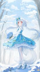 1girl animal_ears blue_bow blue_dress blush bouquet bow closed_mouth commission dress flower fox_ears fox_girl fox_tail from_behind full_body gloves hair_bow highres holding holding_bouquet long_hair long_sleeves low_twintails original outdoors pantyhose puffy_long_sleeves puffy_sleeves red_eyes sakurada_shiro_(hy_plus) signature snow solo standing tail twintails very_long_hair wangyq white_gloves white_hair white_pantyhose white_sleeves winter rating:General score:11 user:danbooru