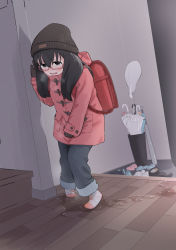 1girl absurdres backpack bag baseball_bat beanie between_legs black_eyes black_hair blue_pants blush breath brown_gloves brown_hat clenched_hand coat commission crocs embarrassed female_focus flat_chest full_body gloves half-closed_eyes hand_between_legs hand_up hat have_to_pee highres hood hood_down hooded_coat huge_filesize indoors knees_together_feet_apart loli long_hair looking_at_viewer open_mouth original pants pee pee_trail peeing peeing_self pigeon-toed pink_coat pink_socks pocket puddle randoseru red-framed_eyewear semi-rimless_eyewear sidelocks skeb_commission slippers socks solo standing striped_clothes striped_socks tamura-chan teeth umbrella umbrella_stand wet wet_clothes winter_clothes wooden_floor rating:Questionable score:43 user:AngryZapdos