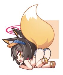  1girl :d animal_ear_fluff animal_ears ass bikini blue_archive blush breasts brown_hair chibi chibi_only commentary denim denim_shorts fox_ears fox_girl fox_tail from_behind full_body halo happy izuna_(blue_archive) izuna_(swimsuit)_(blue_archive) light_blush looking_at_viewer looking_back medium_hair needle_(574187457) official_alternate_costume open_mouth pink_halo pink_scarf profile sandals scarf short_shorts shorts simple_background smile solo swimsuit tail tail_raised top-down_bottom-up underboob visor_cap white_background yellow_eyes yellow_sandals 