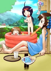 3girls ^_^ ahoge artist_request barefoot blush_stickers chibi chibi_only choia closed_eyes collar completely_nude day dress fang feet futaba_channel hairband hand_fan multiple_girls musu nude outdoors paper_fan pool porch pouring rubber_duck same-sex_bathing sanrio_(nijiura) shared_bathing showering sitting suigetsu summer tupet uchiwa veranda wading_pool waha watering_can wind_chime yamato_suzuran rating:Explicit score:13 user:danbooru