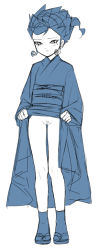  1089666666 1girl bad_id bad_pixiv_id blue_theme blush female_focus female_pubic_hair gender_request genderswap inazuma_eleven_(series) inazuma_eleven_go japanese_clothes kimono monochrome ouse_(otussger) pubic_hair sandals sketch solo standing tsurugi_kyousuke white_background 