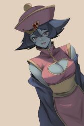  1girl absurdres blue_hair blue_skin breasts chinese_clothes cleavage cleavage_cutout clothing_cutout colored_skin darkstalkers detached_sleeves hair_between_eyes hat highres hsien-ko hyakka_(momokashinryu14) long_sleeves looking_at_viewer ofuda open_mouth qingdai_guanmao short_hair solo teeth 