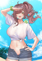  1girl a888_n22 absurdres ahoge arm_up beach bikini blue_sky blush breasts brown_hair cowboy_shot day denim denim_shorts drill_hair eyes_visible_through_hair fang fisheye furrowed_brow green_eyes hair_ornament hairclip hand_on_own_hip highres horizon indie_virtual_youtuber large_breasts long_hair looking_at_viewer lowleg lowleg_bikini midriff miori_celesta mogu_(miori_celesta) multicolored_hair navel open_clothes open_fly open_mouth open_shorts outdoors parted_bangs red_bikini red_hair scrunchie see-through_clothes see-through_shirt shirt short_shorts short_sleeves shorts side_drill sky slime_(creature) smile solo stomach sweat swimsuit swimsuit_under_clothes tied_shirt two-tone_hair unaligned_breasts unbuttoned virtual_youtuber white_shirt wrist_scrunchie 