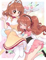 absurdres antenna_hair apron artist_request asahina_mikuru brown_eyes brown_hair clannad crying dango dango_daikazoku food furukawa_nagisa highres kyoto_animation maid maid_apron maid_headdress non-web_source suzumiya_haruhi_no_yuuutsu wagashi