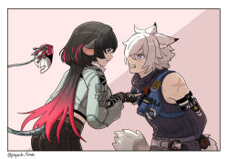  1boy 1girl animal_ears black_nails cat_boy cat_ears cat_tail fingerless_gloves fur-trimmed_jacket fur_trim gloves green_eyes green_jacket high-waist_shorts jacket jane_doe_(zenless_zone_zero) long_tail mouse_ears mouse_girl mouse_tail police police_badge police_uniform policeman popochi_fuwa purple_eyes scar scar_on_arm seth_lowell sharp_tail shorts simple_background tail wolf_cut zenless_zone_zero zipper zipper_pull_tab 