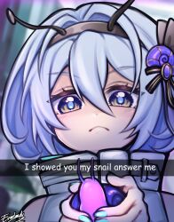  1girl animal antennae aqua_nails black_hairband blue_hair blush closed_mouth commentary english_commentary english_text everland hair_between_eyes hairband highres holding holding_animal i_showed_you_my_dick_please_respond_(meme) looking_at_viewer medium_hair meme nail_polish portrait snail snail_hair_ornament snapchat solo strinova yugiri_(strinova) 