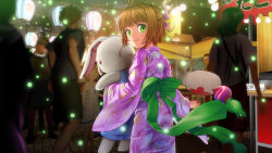 1girl bow brown_hair cardcaptor_sakura commission festival green_bow green_eyes hair_bow hand_fan highres holding holding_stuffed_toy japanese_clothes kimono kinomoto_sakura looking_at_viewer looking_back mutsuki_(moonknives) paper_fan pink_bow short_hair skeb_commission smile stuffed_animal stuffed_toy uchiwa yukata rating:General score:4 user:danbooru