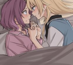  2girls blonde_hair blue_eyes blush commentary eye_contact holding_hands looking_at_another multiple_girls new_game! on_bed parted_lips pillow purple_hair purple_shirt shirt syonosuke9573 tooyama_rin under_covers yagami_kou yuri 