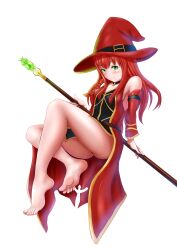 1girl absurdres bare_legs bare_shoulders barefoot black_choker blush braid choker closed_mouth detached_sleeves feet full_body green_eyes hat highres holding holding_staff light_smile long_hair looking_at_viewer original red_hair red_headwear simple_background single_braid smile soles staff thighs toes uriens white_background witch_hat rating:Sensitive score:15 user:ssfl