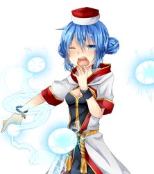  1girl biretta black_shirt black_shorts blue_eyes blue_hair blush breasts cleavage coat commentary_request cowboy_shot crying crying_with_eyes_open double_bun energy_ball hair_bun hat highres looking_at_viewer medium_breasts meiko_(nattu303) monk_(ragnarok_online) multicolored_coat navel one_eye_closed open_clothes open_coat open_mouth ragnarok_online red_coat red_hat rope_belt shirt short_hair short_sleeves shorts simple_background solo tears two-tone_coat white_background white_coat 