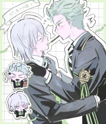  2boys ^^^ ahoge bangs_pinned_back black_gloves black_jacket black_necktie chibi chibi_inset commentary_request diagonal-striped_clothes diagonal-striped_necktie food food_in_mouth gloves green_hair grey_hair grid_background hands_on_another&#039;s_shoulders highres imminent_kiss jacket male_focus multiple_boys necktie night_raven_college_uniform outline pocky pocky_day pocky_in_mouth pocky_kiss purple_eyes salttt_twst sebek_zigvolt shared_food short_hair silver_vanrouge simple_background striped_clothes twisted_wonderland upper_body white_background white_necktie yaoi 