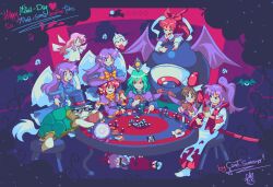  6+girls anger_vein artist_name bakebake_(touhou) blush bound bow brown_hair capelet card comet_summoner98 dress evil_eye_sigma ex-rika facial_hair frills frown gambling genjii_(touhou) green_hair hair_bow hakurei_reimu hakurei_reimu_(pc-98) hakurei_shrine hat hat_bow highres holding holding_card japanese_clothes katana kimono kirisame_marisa kirisame_marisa_(pc-98) long_hair long_sleeves matenshi_(touhou) meira_(touhou) mima_(touhou) multiple_girls noroiko open_mouth pixel_art poker_chip ponytail purple_dress purple_hair red_hair rika_(touhou) short_hair skirt smile story_of_eastern_wonderland sword table tied_up_(nonsexual) touhou touhou_(pc-98) turtle weapon witch_hat yin_yang_orb_(fairy) 