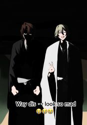  2boys :d ^_^ aizen_sousuke black_kimono bleach bleach:_turn_back_the_pendulum blonde_hair brown_eyes brown_hair clenched_hands closed_eyes commentary_request cowboy_shot dark double-parted_bangs emoji english_text engrish_text facing_viewer hair_between_eyes hand_up haori happy highres japanese_clothes jitome key_happa_00oo kimono long_sleeves looking_at_viewer male_focus meme multiple_boys open_mouth ranguage shaded_face short_hair side-by-side smile urahara_kisuke v why_dis_ninja_look_so_mad_(meme) wide_sleeves 