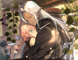  2girls aqua_eyes aria_(otome_game_no_heroine_de_saikyou_survival) blue_eyes blush braid dark-skinned_female dark-skinned_male dark_skin elf green_eyes grey_eyes hair_ribbon highres hood hood_down hug long_hair looking_at_another multiple_girls official_art orange_hair otome_game_no_heroine_de_saikyou_survival outdoors pink_hair plant pointy_ears ribbon smile upper_body white_hair  rating:General score:3 user:RiroDouribu