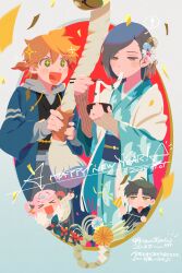  &gt;_&lt; 2boys 2girls absurdres asaya_kanata dated eating english_text flower hair_flower hair_ornament happy_new_year highres holding holding_party_popper japanese_clothes joya_no_kane kimono magotsuki_(hurray) multiple_boys multiple_girls nakagawa_moemi new_year open_mouth orie_yu party_popper suufunkan_no_yell_wo tonosaki_daisuke yukata 