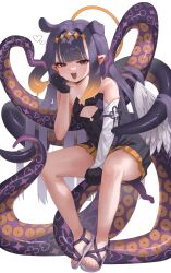  1girl absurdres bare_shoulders black_eyes black_gloves blunt_bangs blush ch1ckpyo cleavage_cutout clothing_cutout elbow_gloves feet gloves half-closed_eyes heart highres hololive hololive_english long_hair looking_at_viewer ninomae_ina&#039;nis ninomae_ina&#039;nis_(1st_costume) open_mouth sandals single_elbow_glove smug solo tentacles thighs toes virtual_youtuber 