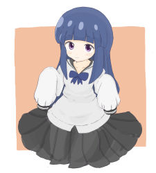 1girl absurdres black_sailor_collar black_skirt blue_bow blue_hair blush bow brown_background closed_mouth collarbone commentary_request furude_rika highres higurashi_no_naku_koro_ni long_hair long_sleeves oversized_clothes pleated_skirt purple_eyes rururu_(pyrk8855) sailor_collar shirt skirt sleeves_past_fingers sleeves_past_wrists smile solo two-tone_background very_long_hair white_background white_shirt rating:Sensitive score:4 user:danbooru