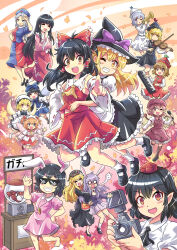  6+girls animal_ears apron ascot bird_wings black_hair blank_eyes blazer blonde_hair blunt_bangs bow bow_(music) braid camera carrot carrot_necklace chinese_clothes closed_eyes colonel_aki commentary_request crescent detached_sleeves dress fairy fairy_wings foreshortening gashapon giving_up_the_ghost green_eyes grey_hair grin hair_between_eyes hair_bow hair_rings hair_tubes hakurei_reimu hand_on_own_hip hat hat_bow head_wings holding holding_camera holding_instrument holding_microphone houraisan_kaguya inaba_tewi instrument jacket jewelry junko_(touhou) keyboard_(instrument) kirisame_marisa leaf long_hair luna_child lunasa_prismriver lyrica_prismriver merlin_prismriver microphone mob_cap multiple_girls mystia_lorelei necklace necktie nontraditional_miko nurse nurse_cap one_eye_closed open_mouth orange_hair pink_dress pleated_skirt pointing pointing_at_viewer pointy_ears purple_hair rabbit_ears reisen_udongein_inaba shaded_face shameimaru_aya shirt shoes short_hair short_sleeves short_twintails skirt smile star_(symbol) star_sapphire sunglasses sunny_milk sweatdrop tokin_hat touhou translation_request trumpet twintails violin white_shirt wide_sleeves wings witch_hat yagokoro_eirin 
