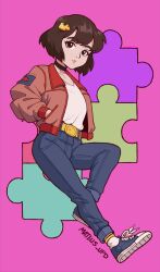  1990s_(style) badge belt button_badge collar hair_ornament hand_in_pocket highres jacket jig-chan_(jiggie) jigsaw_puzzle looking_at_viewer mateus_upd original puzzle retro_artstyle shirt shoes short_hair socks white_shirt 