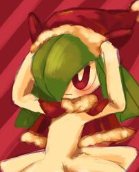  blush capelet colored_skin creatures_(company) game_freak gen_3_pokemon green_hair hair_over_one_eye hat horns kirlia nintendo pokemon pokemon_(creature) pua9280 red_capelet red_eyes red_hat santa_hat sidelocks white_skin 