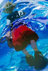  1boy air_bubble black_gloves black_shirt brown_hair bubble full_body gloves highres hood hood_down hooded_shirt imamuu_(imamoon) keyblade kingdom_hearts male_focus partially_submerged red_shorts ripples shirt shoes short_sleeves shorts signature solo sora_(kingdom_hearts) spiked_hair walking water white_shirt 