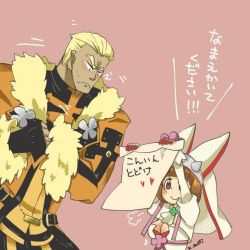  1boy 1girl blonde_hair blush breasts bridal_veil brown_eyes brown_hair cleavage clover coat cosplay dark_skin dress earrings elphelt_valentine elphelt_valentine_(cosplay) fingerless_gloves four-leaf_clover gamagoori_ira gloves guilty_gear guilty_gear_xrd height_difference inada_tetsu jewelry kill_la_kill leo_whitefang leo_whitefang_(cosplay) mankanshoku_mako ribbon voice_actor_connection short_hair smile suzaki_aya translation_request veil wedding_dress white_dress 