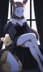  1girl ampharos black_dress brown_eyes brown_hair crossed_legs curtains detached_sleeves dress formal_clothes gen_2_pokemon hair_ornament highres jasmine_(pokemon) long_legs nintendo pokemon pokemon_(creature) pokemon_hgss sitting smile solo vivivoovoo  rating:Sensitive score:43 user:danbooru