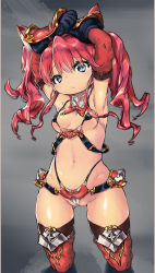  1girl armor armorkini armpits arms_up belt bikini bikini_armor blue_eyes breasts cameltoe detached_sleeves female_focus gloves gui_(goo-gui) long_hair micro_bikini navel original red_hair small_breasts solo string_bikini swimsuit thighhighs twintails wide_hips 