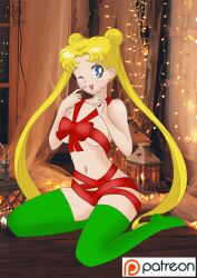 absurdres bishoujo_senshi_sailor_moon blonde_hair blue_eyes breasts covering_privates green_socks highres long_neck nude_cover one_eye_closed patreon_logo photo_background ribbon rin_kanbara smile socks tsukino_usagi twintails