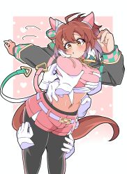  1girl absurdres ahoge animal_ears belt black_pantyhose blush breast_lift breasts brown_eyes brown_hair checkered_ribbon cowboy_shot cropped_legs dantsu_flame_(umamusume) ear_covers grabbing_another&#039;s_breast grabbing_from_behind groping hair_ornament highres horse_ears horse_girl horse_tail ken725011186 large_breasts master_hand medium_hair navel open_mouth pantyhose simple_background solo tail umamusume white_background 