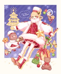  1girl :d absurdres ari_(oonmnmooo) artist_name bag bear blonde_hair blush boots box candy candy_cane christmas christmas_ornaments christmas_tree commentary cupcake dress english_text food full_body fur-trimmed_boots fur-trimmed_dress fur_trim gift gift_box gingerbread_man green_eyes hair_ornament hair_rings hat highres holding holding_candy holding_candy_cane holding_food holly_hair_ornament looking_at_viewer merry_christmas mittens open_mouth original pizza pleated_dress red_boots red_dress smile snow_globe solo speech_bubble star_(symbol) stuffed_animal stuffed_toy symbol-only_commentary teddy_bear teeth tongue upper_teeth_only white_hat white_mittens 