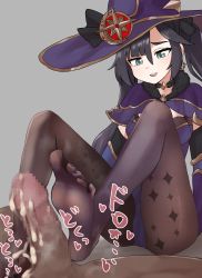 1girl absurdres black_hair blue_eyes cum ejaculation feet footjob genshin_impact highres large_hat leotard long_hair mona_(genshin_impact) open_mouth pantyhose samuimo21 soles steam toes twintails rating:Explicit score:101 user:ssfl