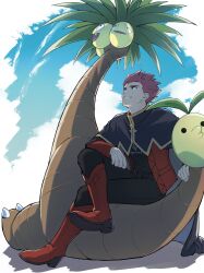  1boy alolan_exeggutor alolan_form black_cape black_pants boots cape cloud commentary crossed_legs day from_below gen_7_pokemon grin highres jacket lance_(pokemon) looking_up male_focus mocollie nintendo open_clothes open_jacket outdoors pants pokemon pokemon_(creature) pokemon_lgpe red_boots red_jacket short_hair sitting sky smile spiked_hair symbol-only_commentary teeth 