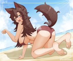  1girl :d all_fours alternate_costume animal_ears ass bikini blue_sky blush breasts brown_bikini brown_hair cloud commentary day dutch_angle fang full_body imaizumi_kagerou large_breasts long_hair looking_at_viewer lower_teeth_only open_mouth outdoors paw_pose skin_fang sky smile soles solo sun sweat swimsuit symbol-only_commentary tail teeth touhou underboob wolf_ears wolf_girl wolf_tail yamabikoyahoo 