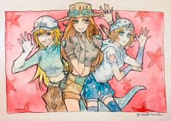  3girls baggy_pants bandage_on_face bandages blonde_hair blue_eyes brown_hair cowboy_hat diego_brando feathers fingerless_gloves genderswap genderswap_(mtf) gloves goggles goggles_on_headwear green_eyes gyro_zeppeli hat johnny_joestar jojo_no_kimyou_na_bouken long_hair multiple_girls navel pants sandsawako scary_monsters_(stand) short_hair short_shorts shorts stand_(jojo) star_(symbol) star_symbol_background steel_ball_run tail thighhighs traditional_media twitter_username watermark web_address white_gloves wristband zettai_ryouiki 