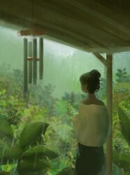  1girl awning black_hair black_skirt blurry blurry_background cowboy_shot dark-skinned_female dark_skin fern forest from_behind green_theme hair_bun landscape nature original outdoors painterly plant rain scenery shirt skirt solo white_shirt wind_chime wooden_porch zandra 