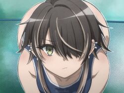  1girl ass azumanga_daiou brown_hair green_eyes hair_over_one_eye highres hip_focus kurosawa_minamo naoillus one-piece_swimsuit piercing pout pout rinni_(naoillus) solo swimsuit  rating:Sensitive score:52 user:Anti_Gendou