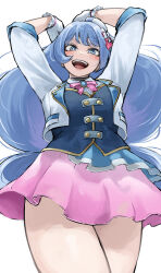  1girl absurdres arms_up blue_eyes blue_hair blue_vest blush boku_no_hero_academia bow bowtie breasts fengling_(furin-jp) gloves hado_nejire hair_ornament hat highres idol jacket large_breasts long_hair long_sleeves looking_at_viewer open_clothes open_jacket open_mouth pink_bow pink_skirt shirt simple_background skirt smile solo very_long_hair vest white_background white_gloves 