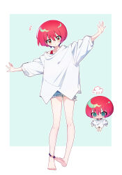  1girl :o @_@ absurdres amate_yuzuriha aqua_background aqua_eyes barefoot blue_shorts blush border chibi chibi_inset commentary_request cutoffs denim denim_shorts feet gundam gundam_gquuuuuux hair_between_eyes highres looking_at_viewer nail_polish nishina_plus notice_lines outside_border outstretched_arms oversized_clothes oversized_shirt parted_lips puff_of_air red_hair red_nails shirt short_hair short_shorts shorts soles spread_arms standing standing_on_one_leg three-quarter_sleeves toenail_polish toenails toes white_border white_shirt 