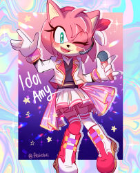  1girl amy_rose amy_rose_(popstar) animal_ears animal_nose blush_stickers boots bracelet commentary felichiii furry furry_female gloves green_eyes hairband hedgehog_girl highres holding holding_microphone idol jacket jewelry looking_at_viewer microphone official_alternate_costume one_eye_closed open_mouth pink_fur pink_hair red_hairband shirt short_hair skirt smile solo sonic_(series) sonic_forces:_speed_battle white_gloves white_jacket white_skirt 