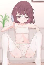  1girl absurdres blush bow_print bow_print_panties bra brown_eyes brown_hair cherry_panties cherry_print collarbone couch crotch_seam flat_chest food_print fruit_print grey_panties hand_fan handheld_electric_fan highres holding holding_fan hot loli looking_at_viewer navel on_couch original panties picture_frame plant polka_dot polka_dot_panties print_panties ribbon_print ribbon_print_panties shooko short_hair sitting smile spread_legs thighhighs training_bra underwear white_bra white_thighhighs 