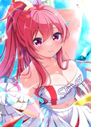  1girl bemani blurry blush breasts cheerleader cleavage crop_top day highres holding holding_pom_poms large_breasts long_hair looking_at_viewer midriff navel outdoors pleated_skirt pom_pom_(cheerleading) pom_poms ponytail rasis red_eyes red_hair sen_chan_(akane1023) skirt smile solo sound_voltex strapless white_skirt 