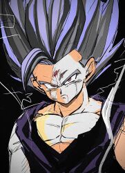  1boy black_background dragon_ball dragon_ball_super dragon_ball_super_super_hero gohan_beast grey_hair haihunn58 highres long_hair muscular muscular_male purple_shirt red_eyes shirt simple_background solo son_gohan spiked_hair tears upper_body  rating:General score:3 user:danbooru
