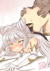  1boy 1girl animal_ears black_ribbon braid chaos_puss_in_boots_(grimms_notes) clenched_teeth dark-skinned_male dark_skin doggystyle drill_hair elbow_gloves gloves grabbing_another&#039;s_ass grimms_notes groping on_bed poru_no ribbon sex sex_from_behind solo_focus teeth white_gloves yellow_eyes 