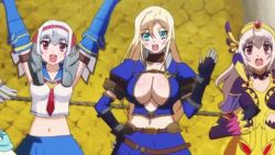  4girls animated animated_gif aqua_eyes blonde_hair blue_eyes blush breasts cleavage hairband large_breasts long_hair looking_at_viewer lowres midriff monster_hunter_(series) monster_hunter_mezeporta_kaitaku-ki multiple_girls navel open_mouth purple_eyes silver_hair small_breasts smile waving 