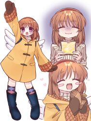  1girl akiko_jam argyle_clothes argyle_socks backpack bag blue_footwear blush_stickers bread bread_slice brown_coat brown_hair brown_mittens closed_eyes coat commentary_request facing_viewer food full_body hairband highres kanon mittens multiple_views red_eyes red_hairband short_hair socks taiyaki tsukimiya_ayu upper_body wagashi waving winged_bag yasonomugi 
