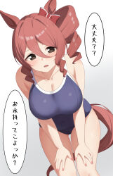  1girl absurdres animal_ears astroglia_cyte black_eyes blue_one-piece_swimsuit blush bow breasts brown_hair commentary cowboy_shot drill_hair drill_sidelocks ear_bow hands_on_own_thighs highres horse_ears horse_girl horse_tail large_breasts leaning_forward looking_at_viewer medium_hair norn_ace_(umamusume) one-piece_swimsuit open_mouth school_swimsuit side_drill sidelocks solo standing swimsuit tail translated umamusume umamusume:_cinderella_gray 