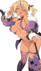  1girl bikini black_wings blade_(galaxist) blonde_hair blue_eyes breasts cellphone dark-skinned_female dark_skin highres jacket large_breasts low_wings micro_bikini multicolored_hair navel open_mouth original phone purple_bikini purple_hair purple_jacket simple_background solo streaked_hair swimsuit two_side_up w white_background wings 